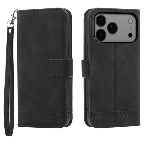 DIERFENG DF-03 For iPhone 18 Pro Max / 17 Pro Max Case Lines Imprint Wallet Leather Phone Cover with Wrist Strap - Black - 1