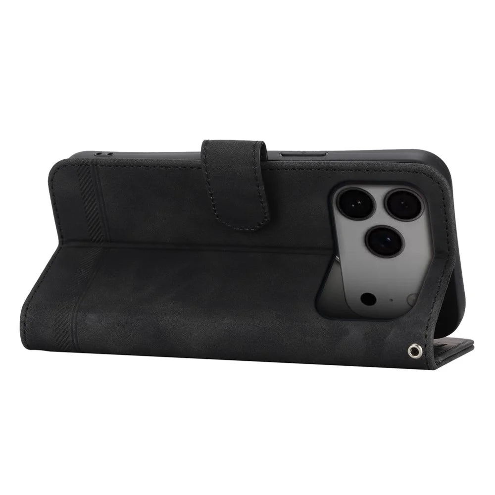 DIERFENG DF-03 For iPhone 18 Pro Max / 17 Pro Max Case Lines Imprint Wallet Leather Phone Cover with Wrist Strap - Black - 2