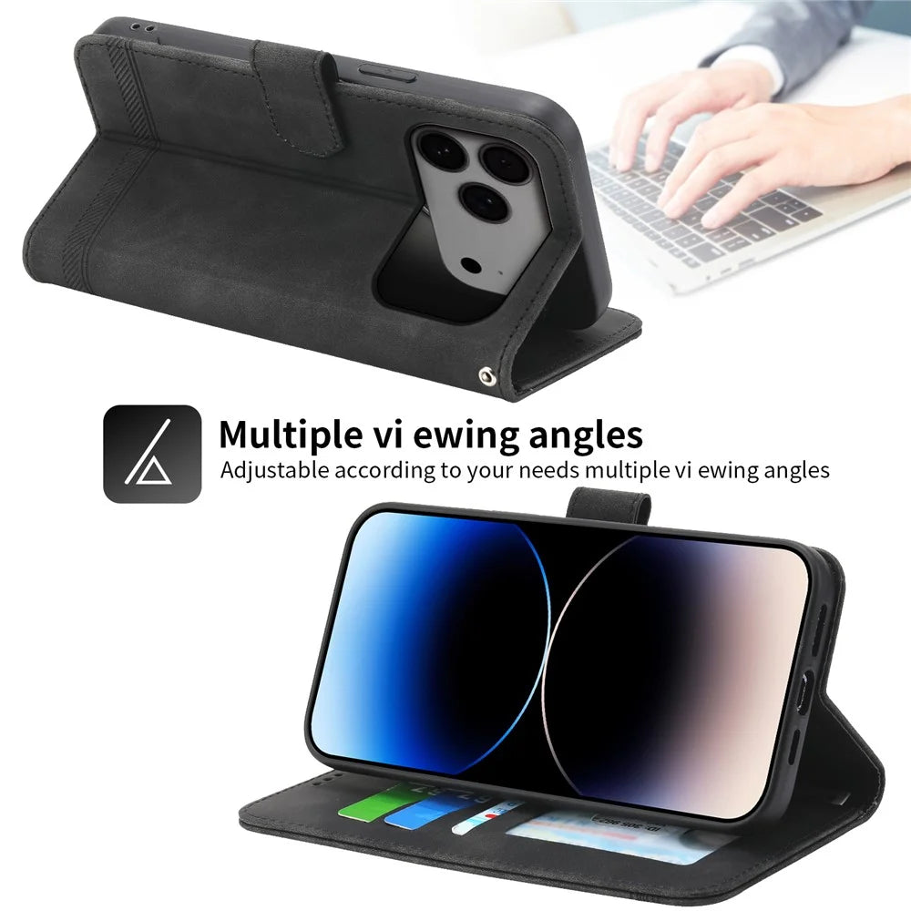 DIERFENG DF-03 For iPhone 18 Pro Max / 17 Pro Max Case Lines Imprint Wallet Leather Phone Cover with Wrist Strap - Black - 4