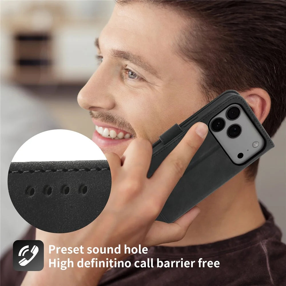 DIERFENG DF-03 For iPhone 18 Pro Max / 17 Pro Max Case Lines Imprint Wallet Leather Phone Cover with Wrist Strap - Black - 7