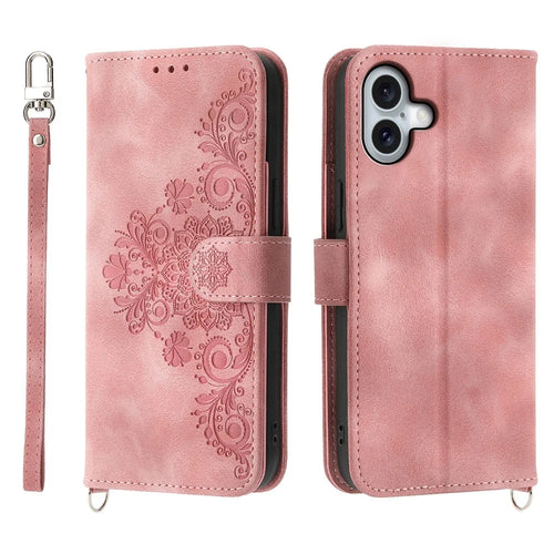 For iPhone 17 Case Flower Pattern PU Leather Wallet Phone Cover with Strap - Pink - 1