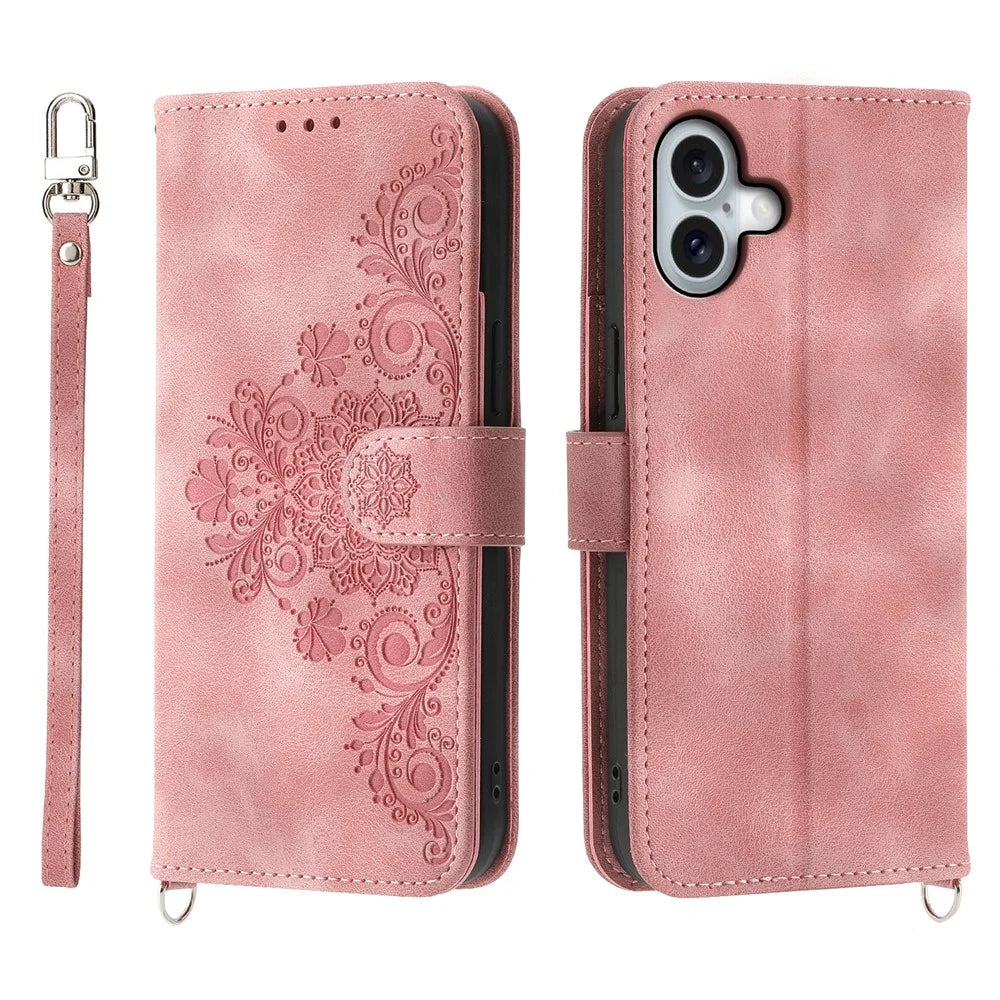 For iPhone 17 Case Flower Pattern PU Leather Wallet Phone Cover with Strap - Pink - 1