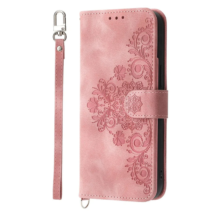 For iPhone 17 Case Flower Pattern PU Leather Wallet Phone Cover with Strap - Pink - 7