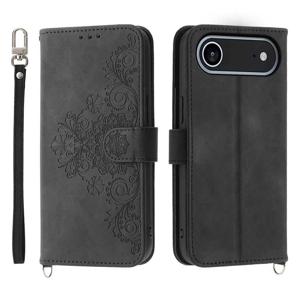 For iPhone Air Case Flower Pattern PU Leather Wallet Phone Cover with Strap - Black - 1