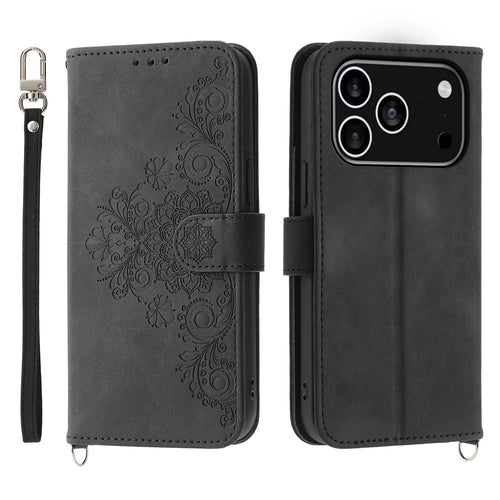 For iPhone 18 Pro / 17 Pro Case Flower Pattern PU Leather Wallet Phone Cover with Strap - Black - 1