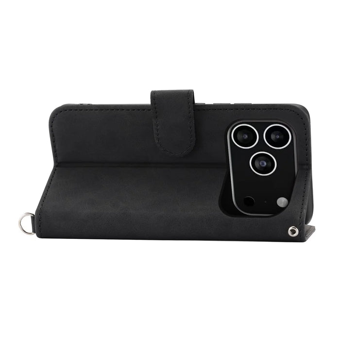 For iPhone 18 Pro / 17 Pro Case Flower Pattern PU Leather Wallet Phone Cover with Strap - Black - 3