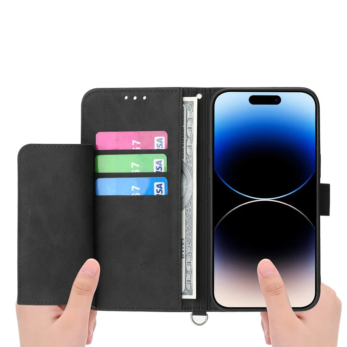 For iPhone 18 Pro / 17 Pro Case Flower Pattern PU Leather Wallet Phone Cover with Strap - Black - 5
