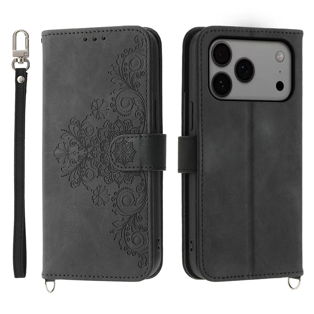 For iPhone 18 Pro Max / 17 Pro Max Case Flower Pattern PU Leather Wallet Phone Cover with Strap - Black - 1