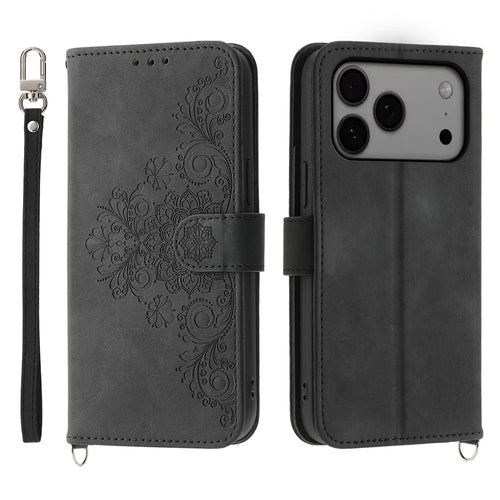 For iPhone 18 Pro Max / 17 Pro Max Case Flower Pattern PU Leather Wallet Phone Cover with Strap - Black - 1