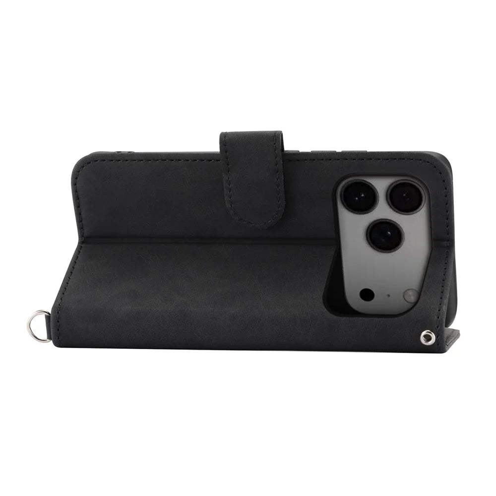 For iPhone 18 Pro Max / 17 Pro Max Case Flower Pattern PU Leather Wallet Phone Cover with Strap - Black - 2
