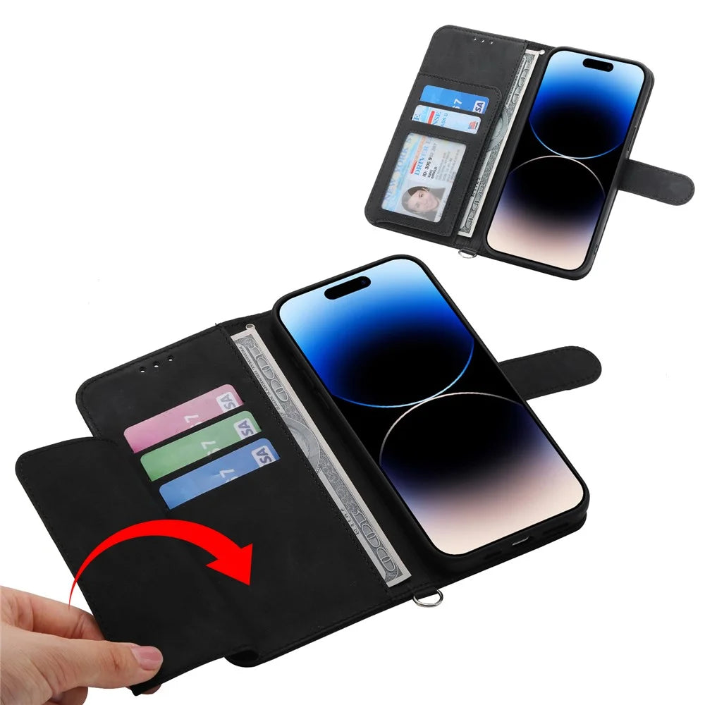 For iPhone 18 Pro Max / 17 Pro Max Case Flower Pattern PU Leather Wallet Phone Cover with Strap - Black - 3