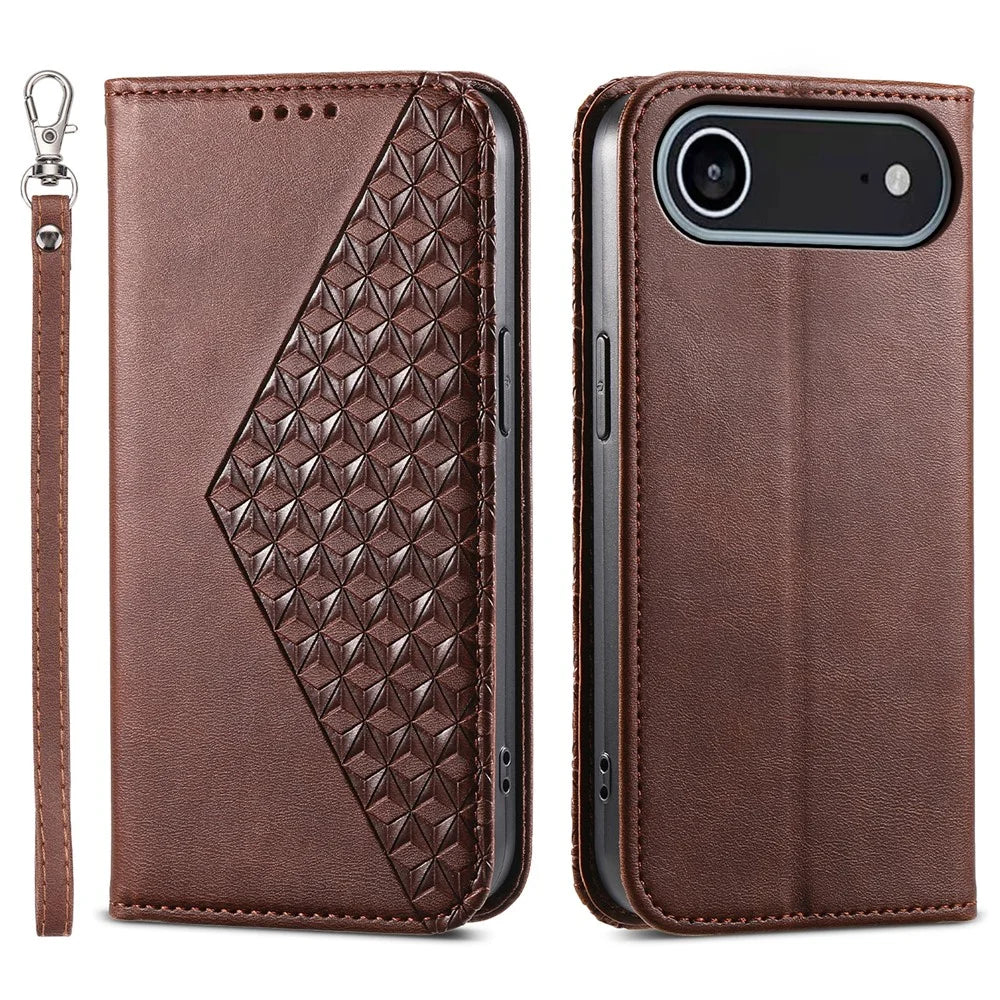 For iPhone Air Case Calf Texture PU Leather Wallet Phone Cover with Wrist Strap - Brown - 1
