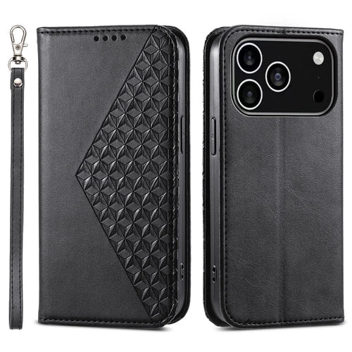 For iPhone 18 Pro / 17 Pro Case Calf Texture PU Leather Wallet Phone Cover with Wrist Strap - Black - 1