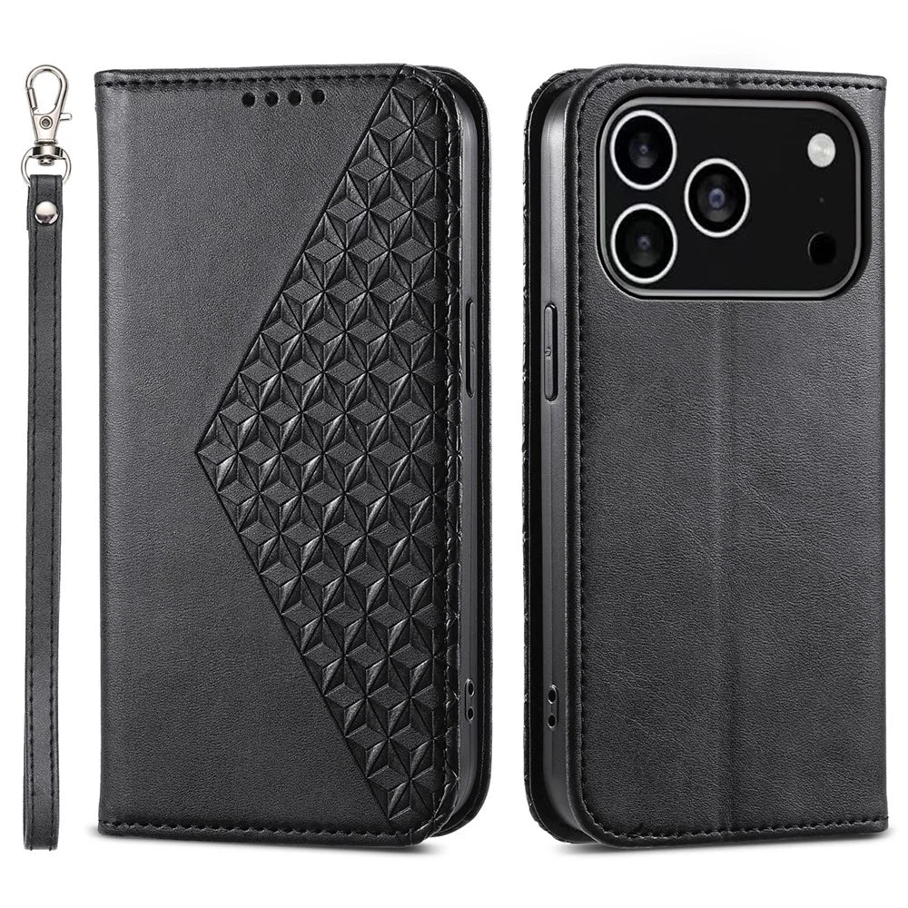 For iPhone 18 Pro / 17 Pro Case Calf Texture PU Leather Wallet Phone Cover with Wrist Strap - Black - 1
