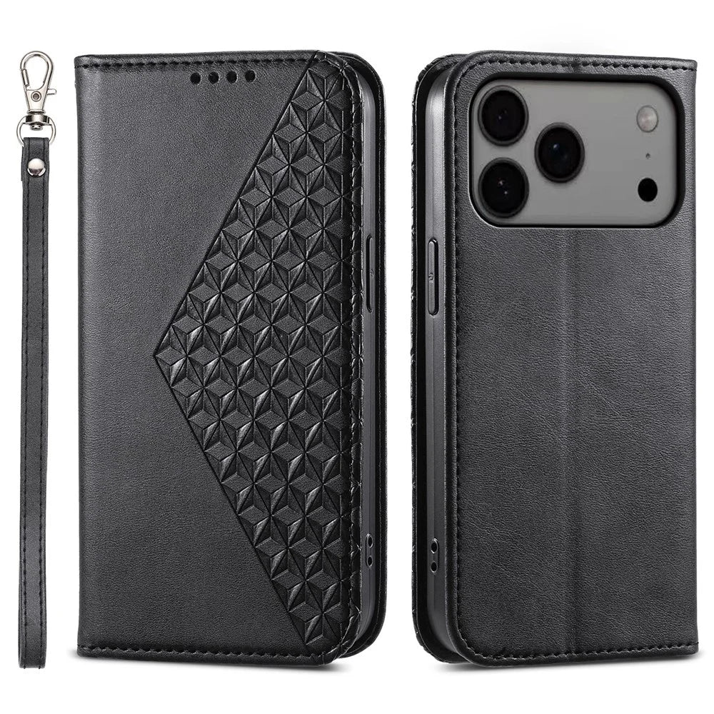 For iPhone 18 Pro Max / 17 Pro Max Case Calf Texture PU Leather Wallet Phone Cover with Wrist Strap - Black - 1