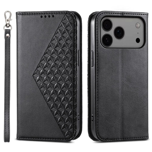 For iPhone 18 Pro Max / 17 Pro Max Case Calf Texture PU Leather Wallet Phone Cover with Wrist Strap - Black - 1