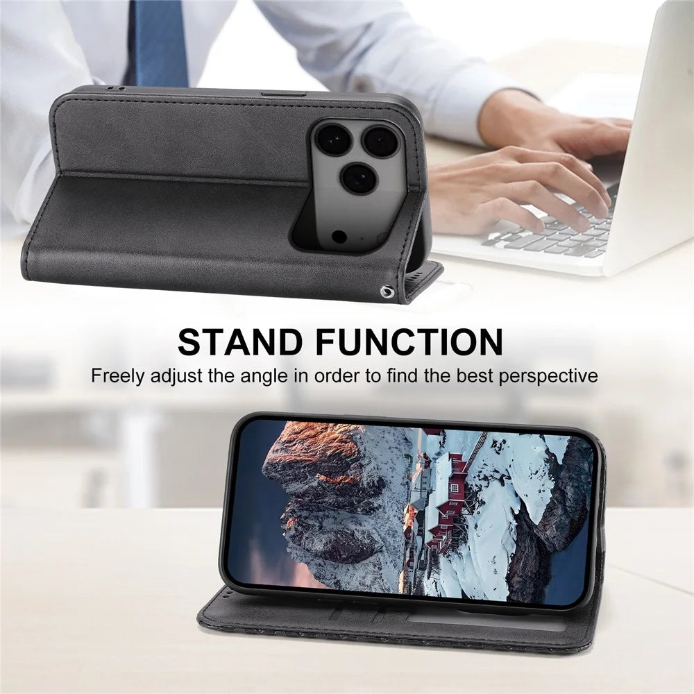 For iPhone 18 Pro Max / 17 Pro Max Case Calf Texture PU Leather Wallet Phone Cover with Wrist Strap - Black - 3