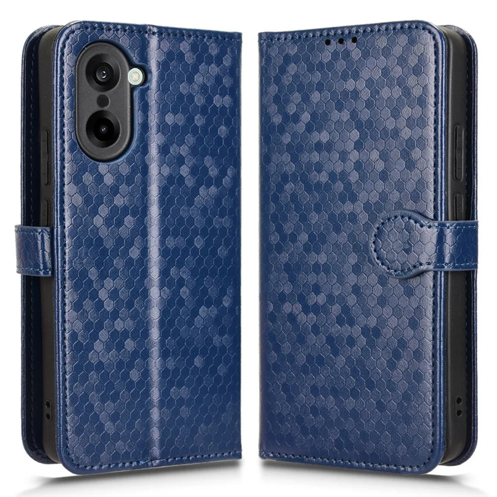 For OnePlus Nord CE5 5G / Ace 5 Racing 5G Wallet Case Dot Pattern Imprint PU Leather Phone Cover with Wrist Strap - Dark Blue - 1