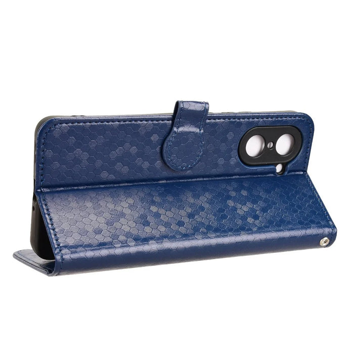 For OnePlus Nord CE5 5G / Ace 5 Racing 5G Wallet Case Dot Pattern Imprint PU Leather Phone Cover with Wrist Strap - Dark Blue - 3