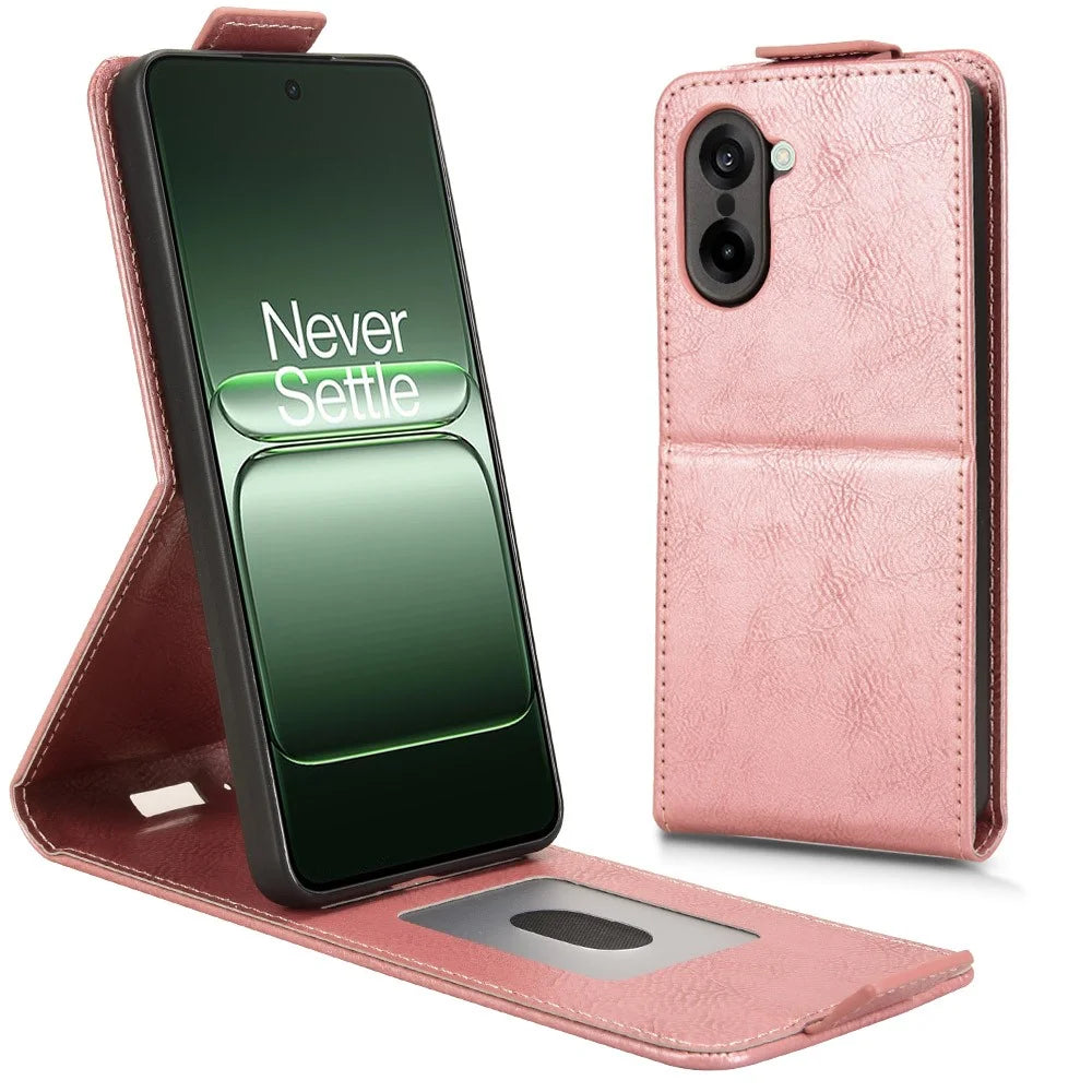For OnePlus Nord CE5 5G / Ace 5 Racing 5G Stand Case Magnetic Clasp Vertical Flip Leather Phone Cover with Card Holder - Rose Gold - 1