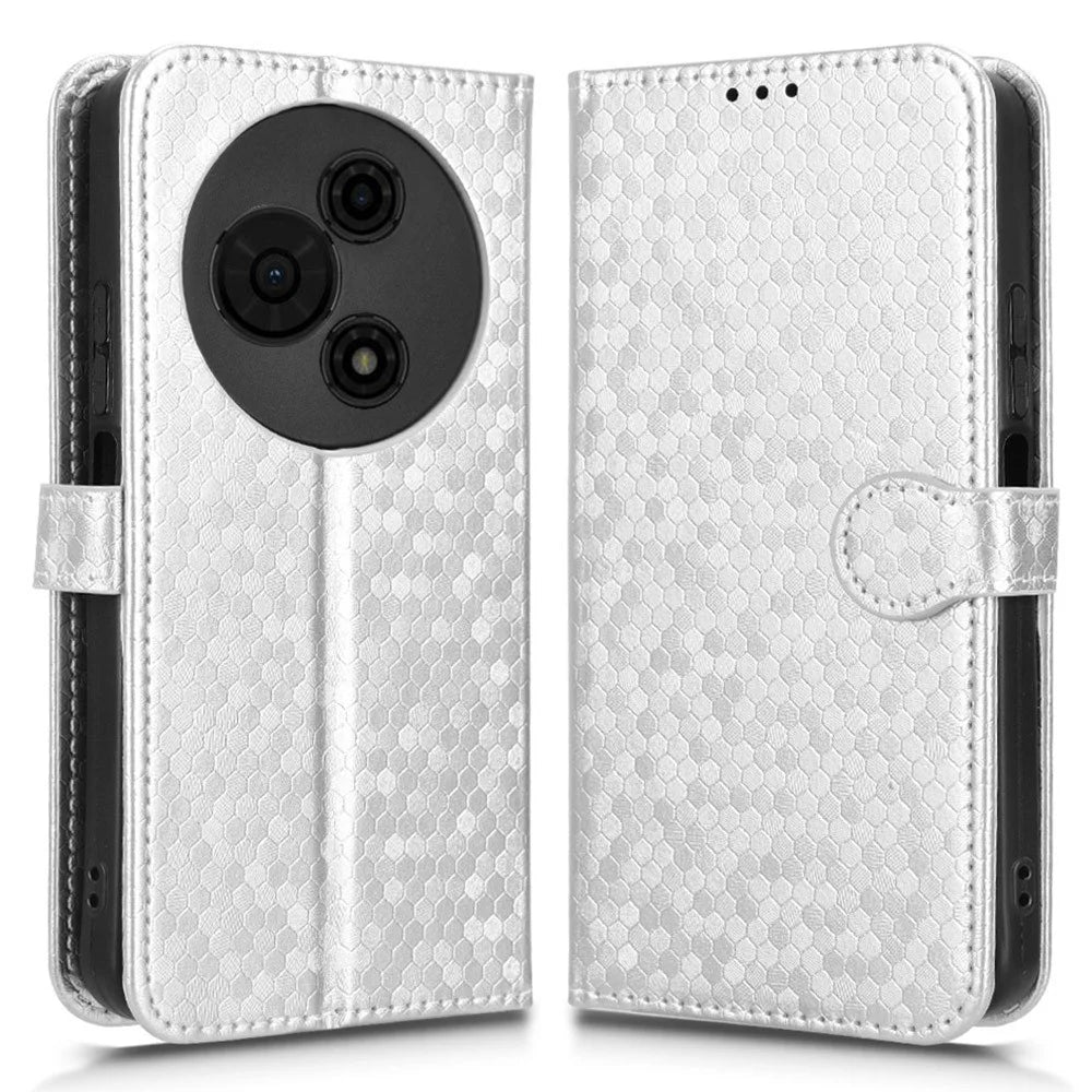 For TCL 605 4G Wallet Case Dot Pattern Imprint PU Leather Phone Cover with Wrist Strap - Silver - 1