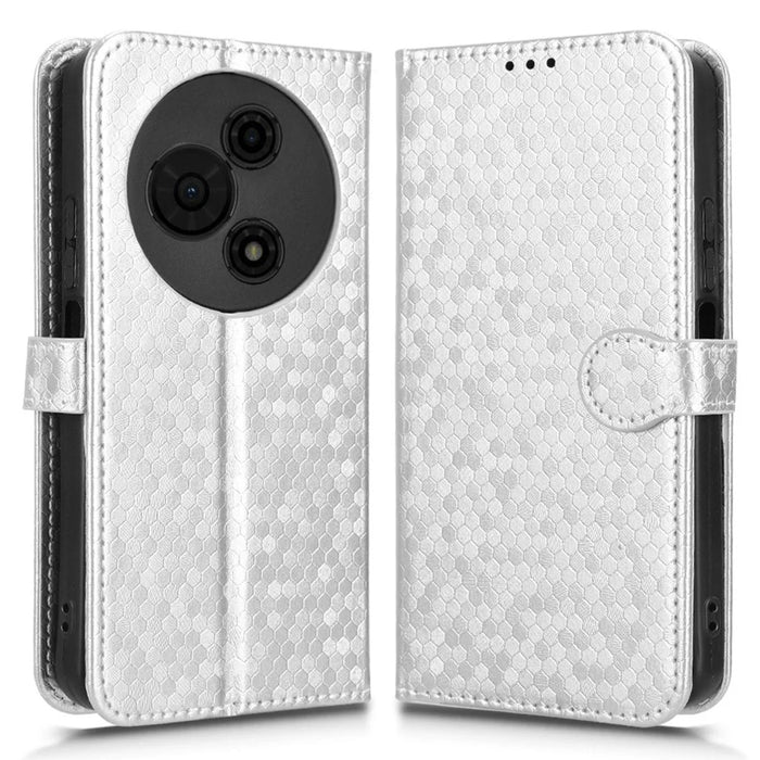 For TCL 605 4G Wallet Case Dot Pattern Imprint PU Leather Phone Cover with Wrist Strap - Silver - 1