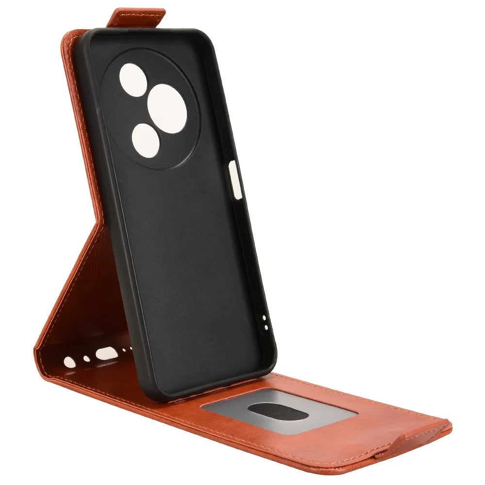 For TCL 605 4G Stand Case Magnetic Clasp Vertical Flip Leather Phone Cover with Card Holder - Orange - 3