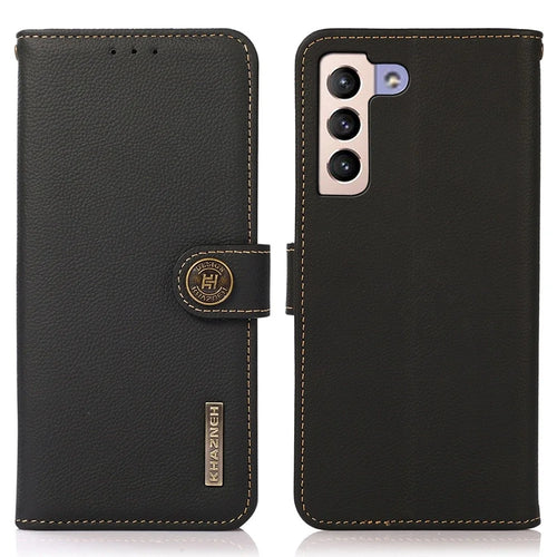 KHAZNEH For Samsung Galaxy S23+ Magnetic Clasp Phone Wallet Case Genuine Leather RFID Blocking Foldable Stand Protective Cover - Black - 1