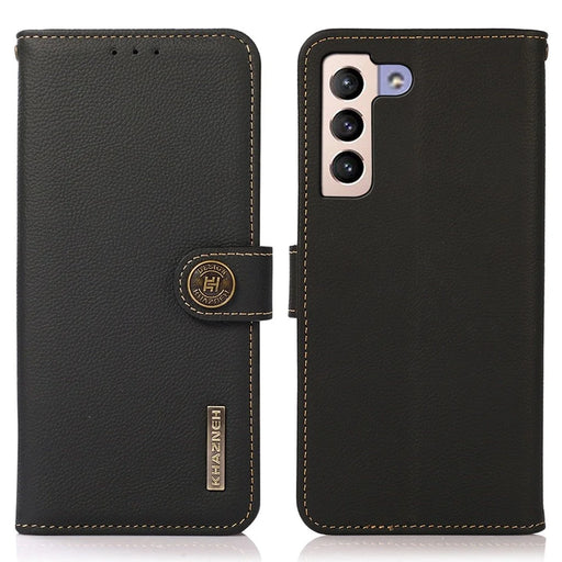 KHAZNEH For Samsung Galaxy S23+ Magnetic Clasp Phone Wallet Case Genuine Leather RFID Blocking Foldable Stand Protective Cover - Black - 1