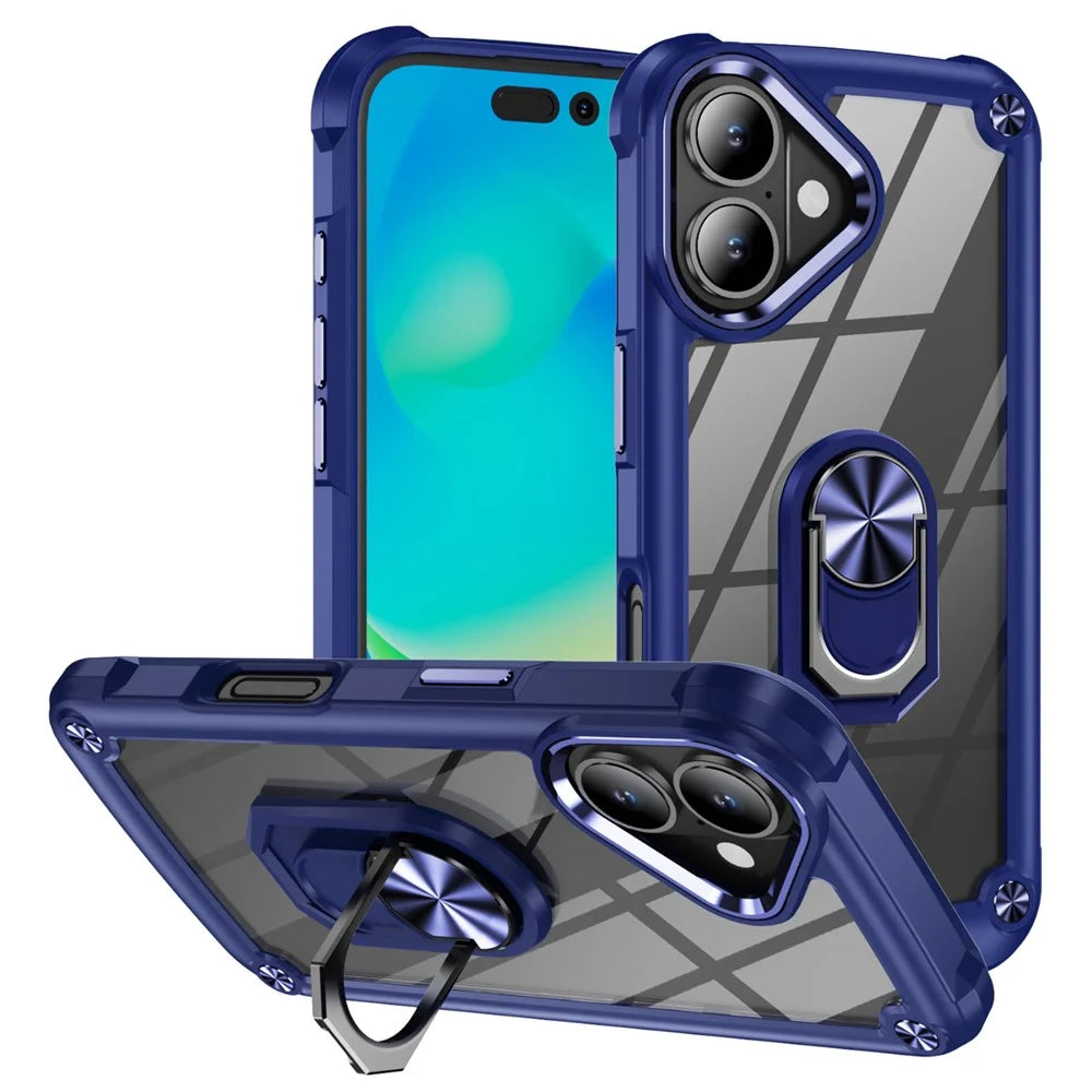 For iPhone 17 Case Alloy Lens Frame PC + TPU Kickstand Phone Back Cover - Blue - 1
