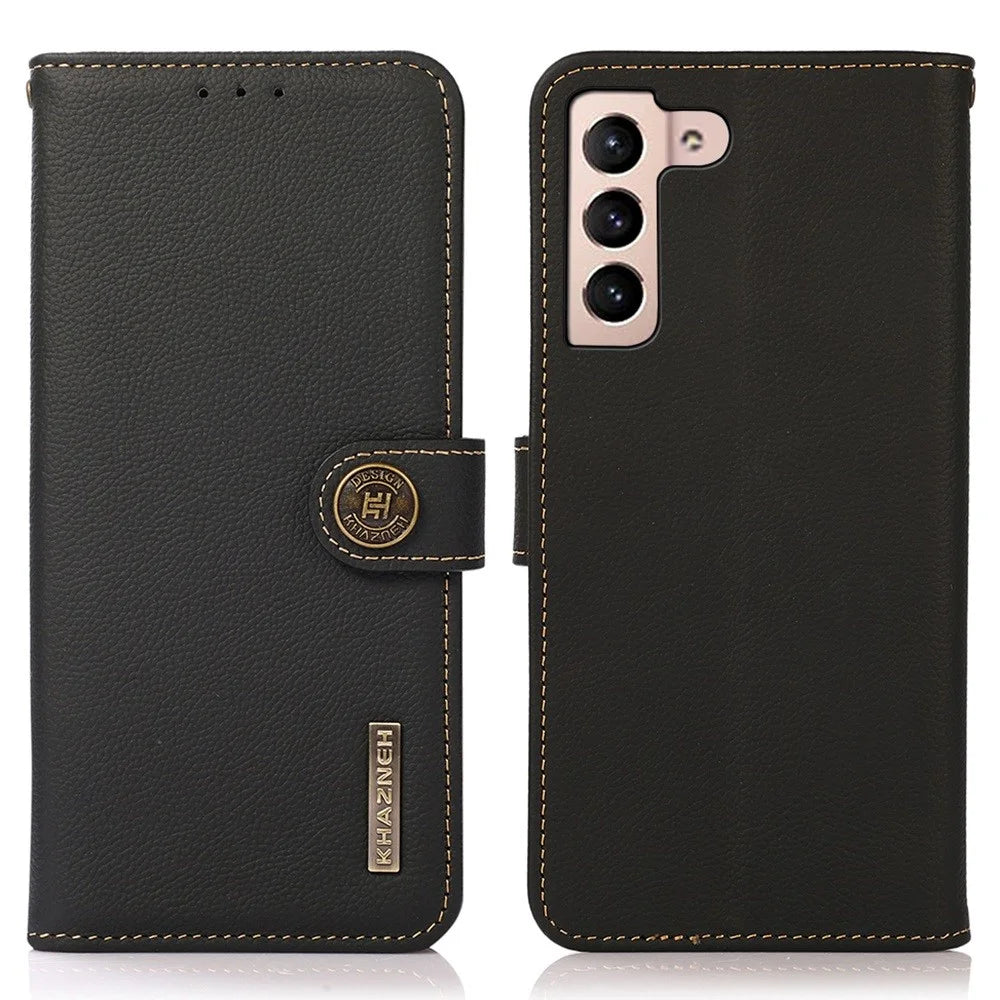 KHAZNEH For Samsung Galaxy S23 RFID Blocking Genuine Leather Phone Wallet Cover Foldable Stand Drop-proof Case - Black - 1