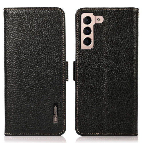 KHAZNEH for Samsung Galaxy S23 Litchi Texture Genuine Leather Dual Magnetic Clasp Flip Stand Cover RFID Blocking Phone Wallet Case - Black - 1
