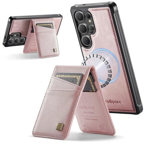 AUTSPACE For Samsung Galaxy S25 Ultra Case  A12 Leather Back Cover with Magnetic Detachable Card Bag Kickstand - Rose Gold - 1