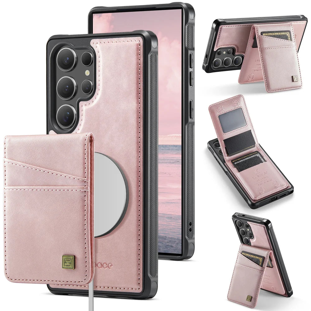 AUTSPACE For Samsung Galaxy S25 Ultra Case  A12 Leather Back Cover with Magnetic Detachable Card Bag Kickstand - Rose Gold - 2