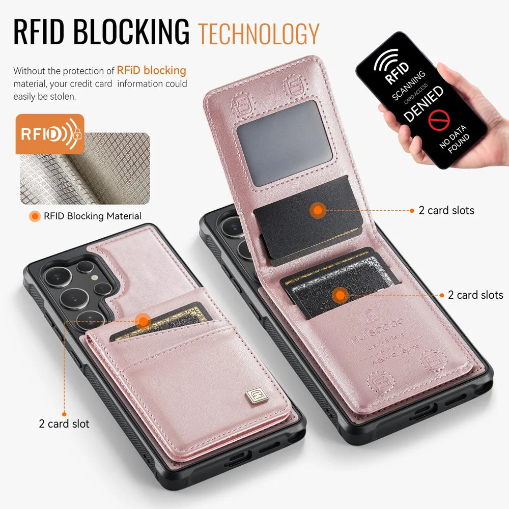 AUTSPACE For Samsung Galaxy S25 Ultra Case  A12 Leather Back Cover with Magnetic Detachable Card Bag Kickstand - Rose Gold - 3