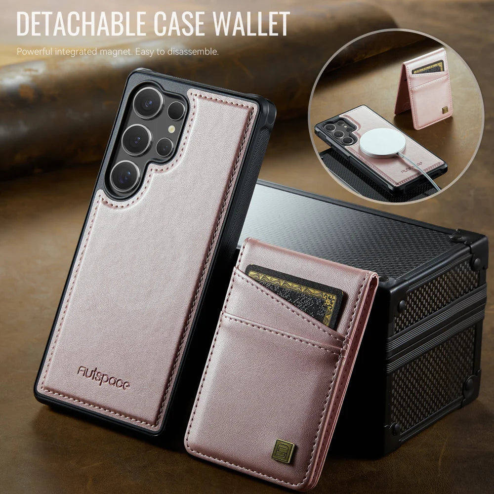 AUTSPACE For Samsung Galaxy S25 Ultra Case  A12 Leather Back Cover with Magnetic Detachable Card Bag Kickstand - Rose Gold - 5