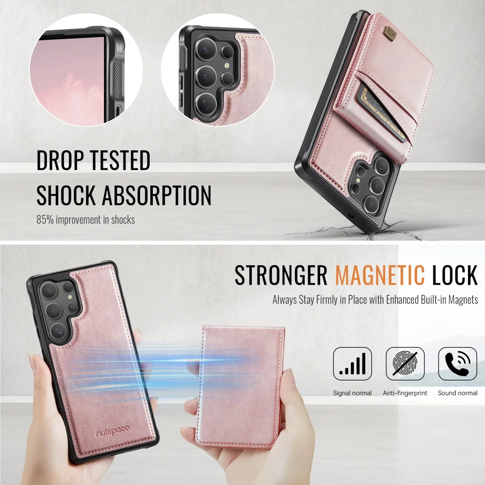 AUTSPACE For Samsung Galaxy S25 Ultra Case  A12 Leather Back Cover with Magnetic Detachable Card Bag Kickstand - Rose Gold - 6