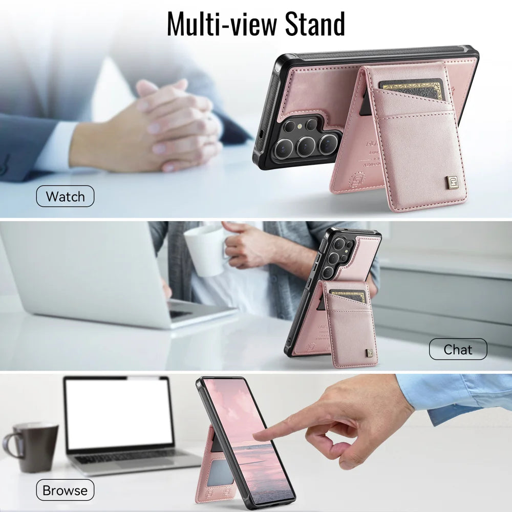 AUTSPACE For Samsung Galaxy S25 Ultra Case  A12 Leather Back Cover with Magnetic Detachable Card Bag Kickstand - Rose Gold - 7