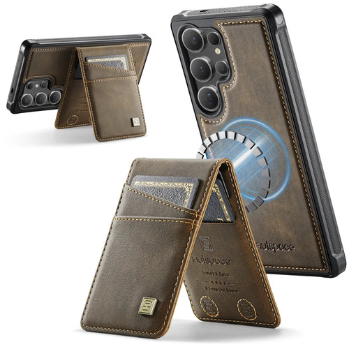 AUTSPACE For Samsung Galaxy S24 Ultra Case  A12 Leather Back Cover with Magnetic Detachable Card Bag Kickstand - Coffee - 1