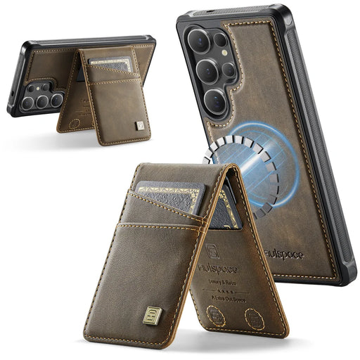 AUTSPACE For Samsung Galaxy S24 Ultra Case  A12 Leather Back Cover with Magnetic Detachable Card Bag Kickstand - Coffee - 1