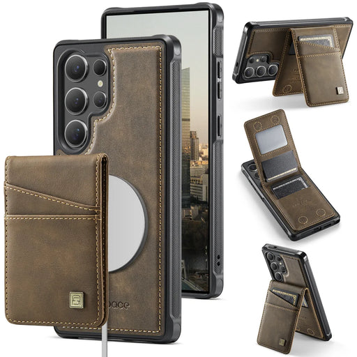 AUTSPACE For Samsung Galaxy S24 Ultra Case  A12 Leather Back Cover with Magnetic Detachable Card Bag Kickstand - Coffee - 2