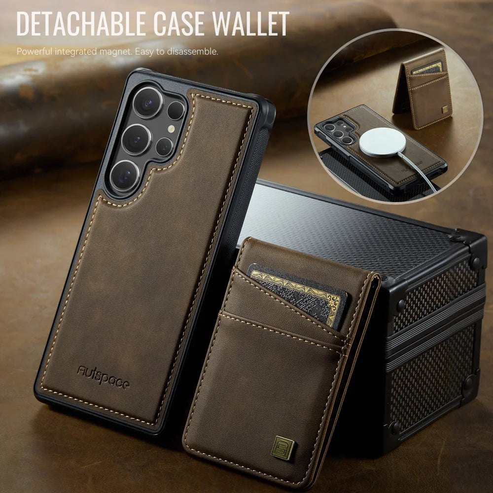 AUTSPACE For Samsung Galaxy S24 Ultra Case  A12 Leather Back Cover with Magnetic Detachable Card Bag Kickstand - Coffee - 4