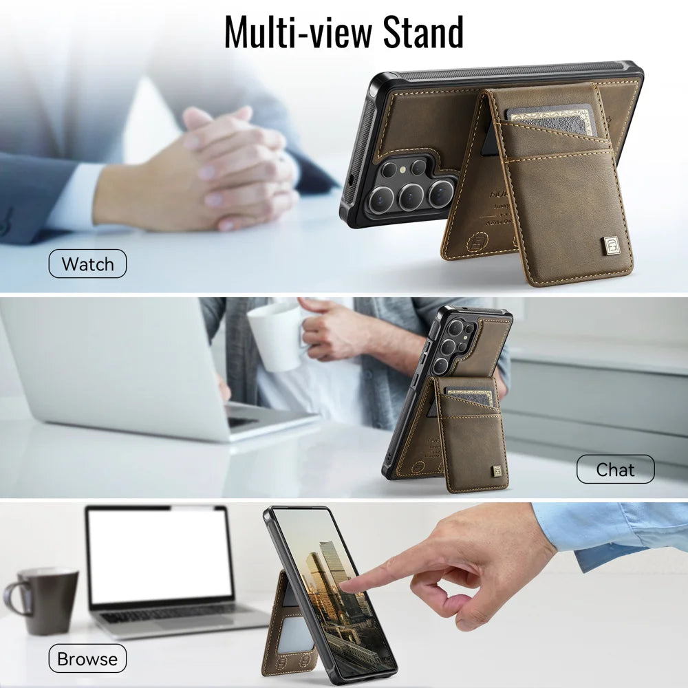 AUTSPACE For Samsung Galaxy S24 Ultra Case  A12 Leather Back Cover with Magnetic Detachable Card Bag Kickstand - Coffee - 6