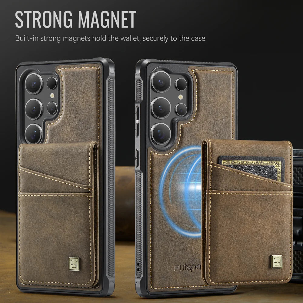 AUTSPACE For Samsung Galaxy S24 Ultra Case  A12 Leather Back Cover with Magnetic Detachable Card Bag Kickstand - Coffee - 7
