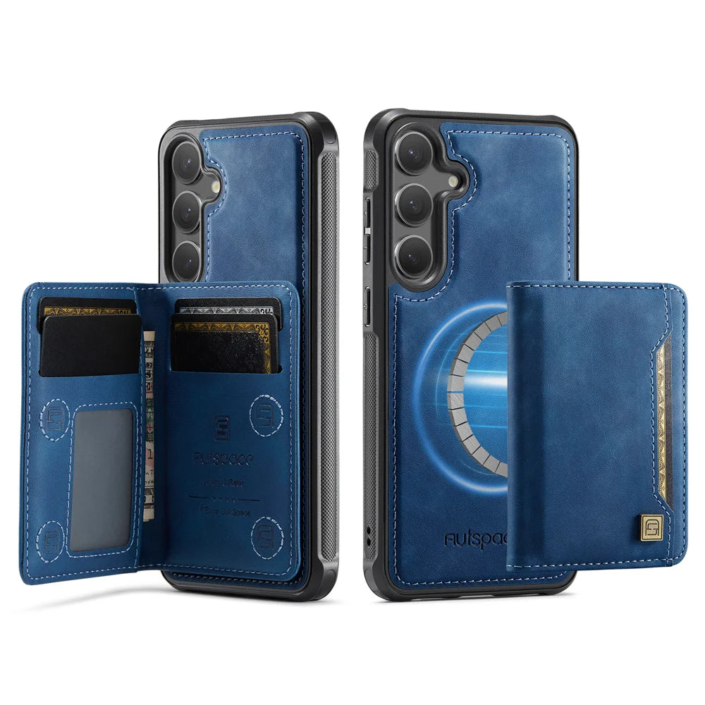 AUTSPACE For Samsung Galaxy S24 / Galaxy S25 Case  A13 Vintage Leather Back Cover with Magnetic Detachable Card Bag - Blue - 1