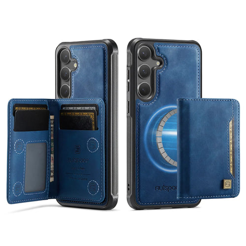 AUTSPACE For Samsung Galaxy S24 / Galaxy S25 Case  A13 Vintage Leather Back Cover with Magnetic Detachable Card Bag - Blue - 1