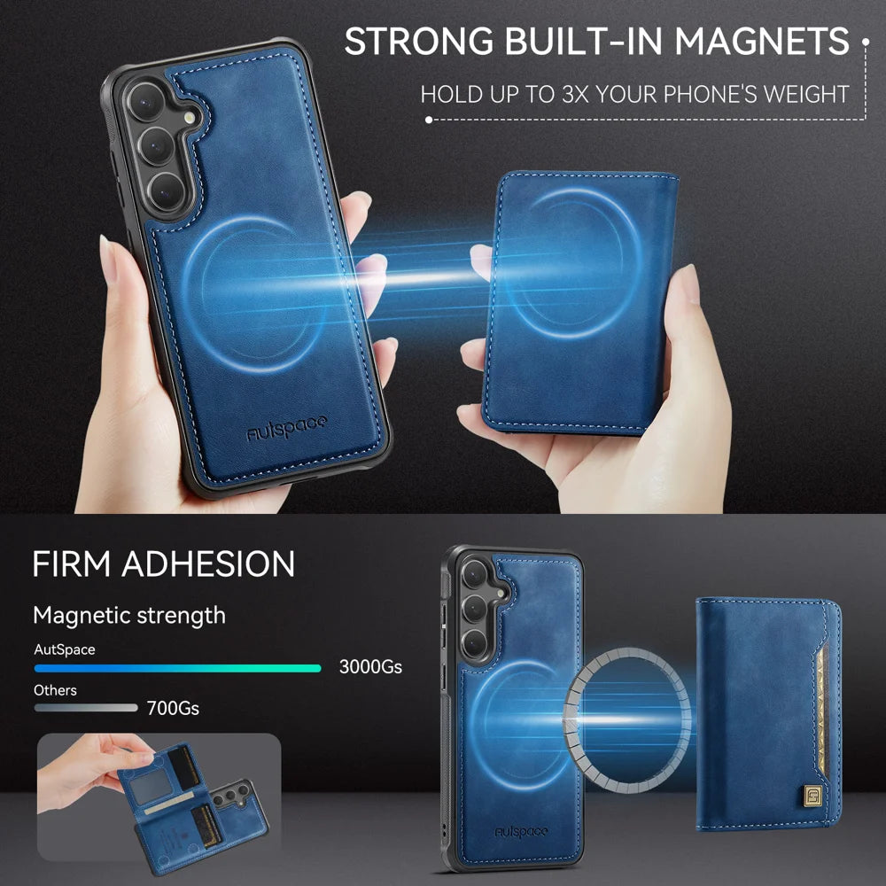 AUTSPACE For Samsung Galaxy S24 / Galaxy S25 Case  A13 Vintage Leather Back Cover with Magnetic Detachable Card Bag - Blue - 5