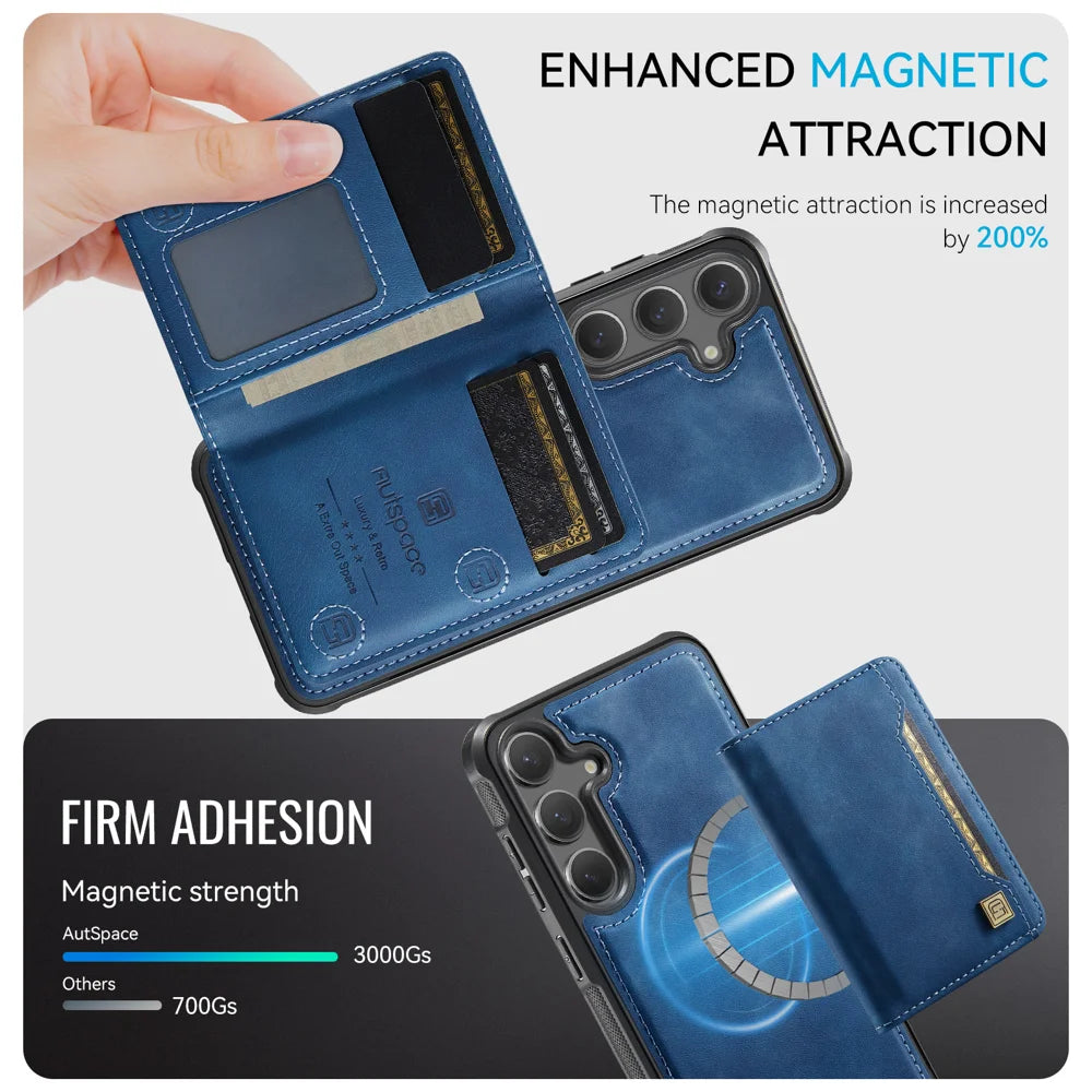 AUTSPACE For Samsung Galaxy S24 / Galaxy S25 Case  A13 Vintage Leather Back Cover with Magnetic Detachable Card Bag - Blue - 6
