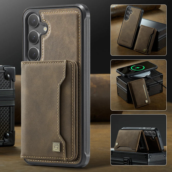 AUTSPACE For Samsung Galaxy S25+ / Galaxy S24+ Case  A13 Vintage Leather Back Cover with Magnetic Detachable Card Bag - Coffee - 4
