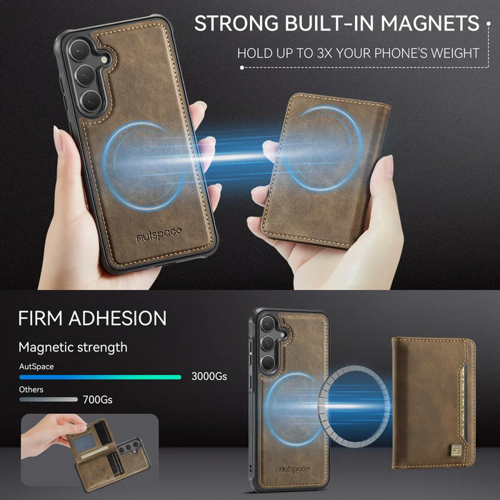 AUTSPACE For Samsung Galaxy S25+ / Galaxy S24+ Case  A13 Vintage Leather Back Cover with Magnetic Detachable Card Bag - Coffee - 5